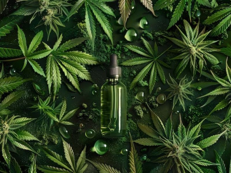 Cannabis leaves and oil products side by side representing the choice between edibles and flower at a Pahrump dispensary